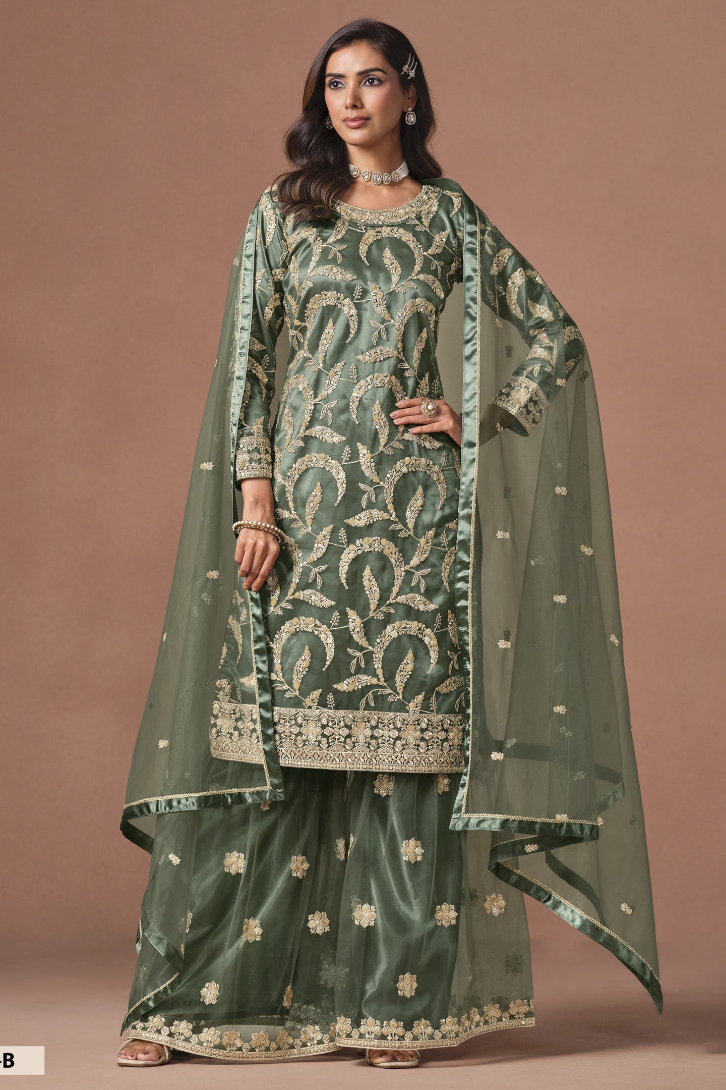 Green Pakistani Mehndi Outfit - Sharara Suit with Embroidery Work