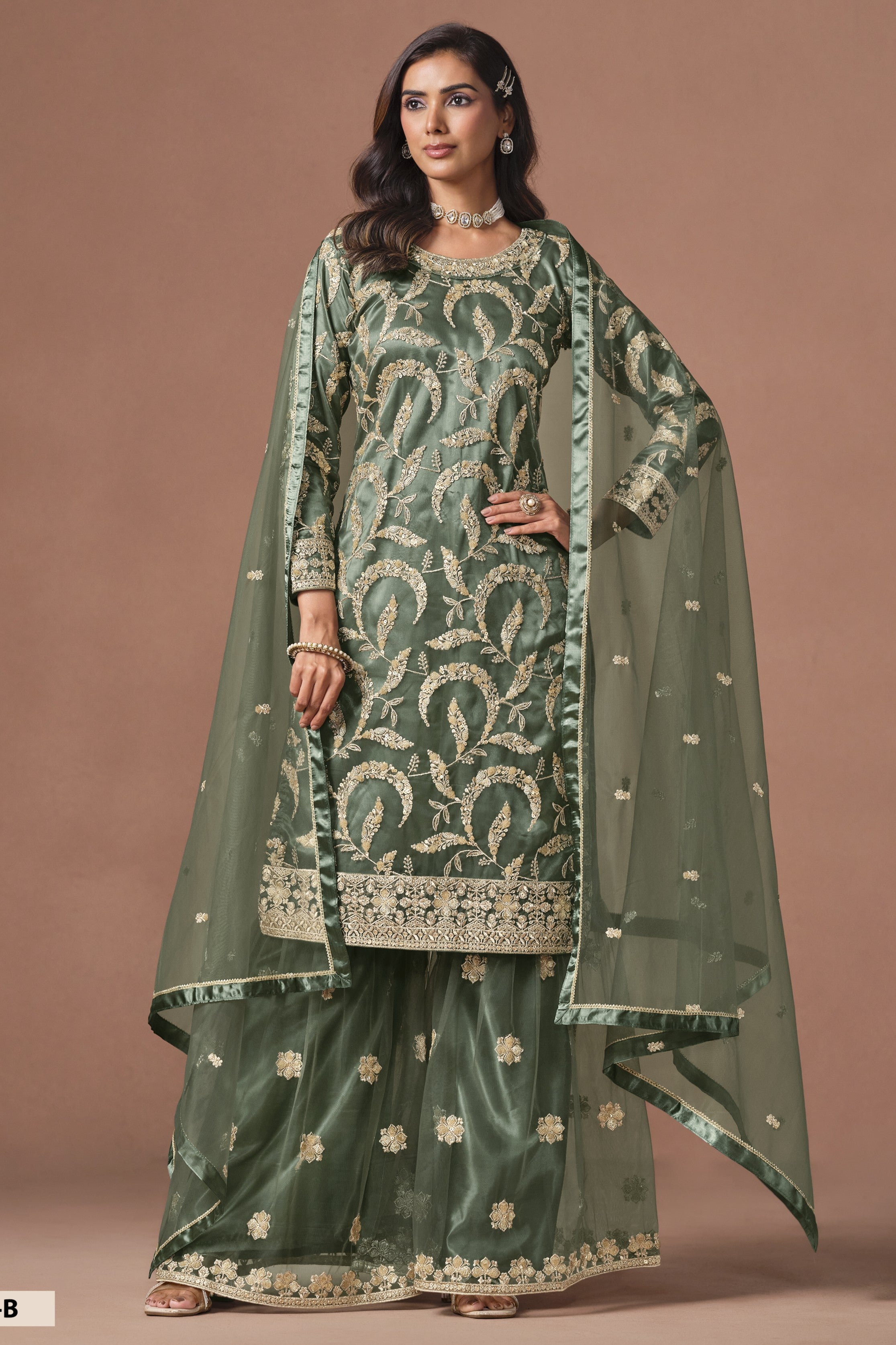 Green Pakistani Mehndi Outfit - Sharara Suit with Embroidery Work