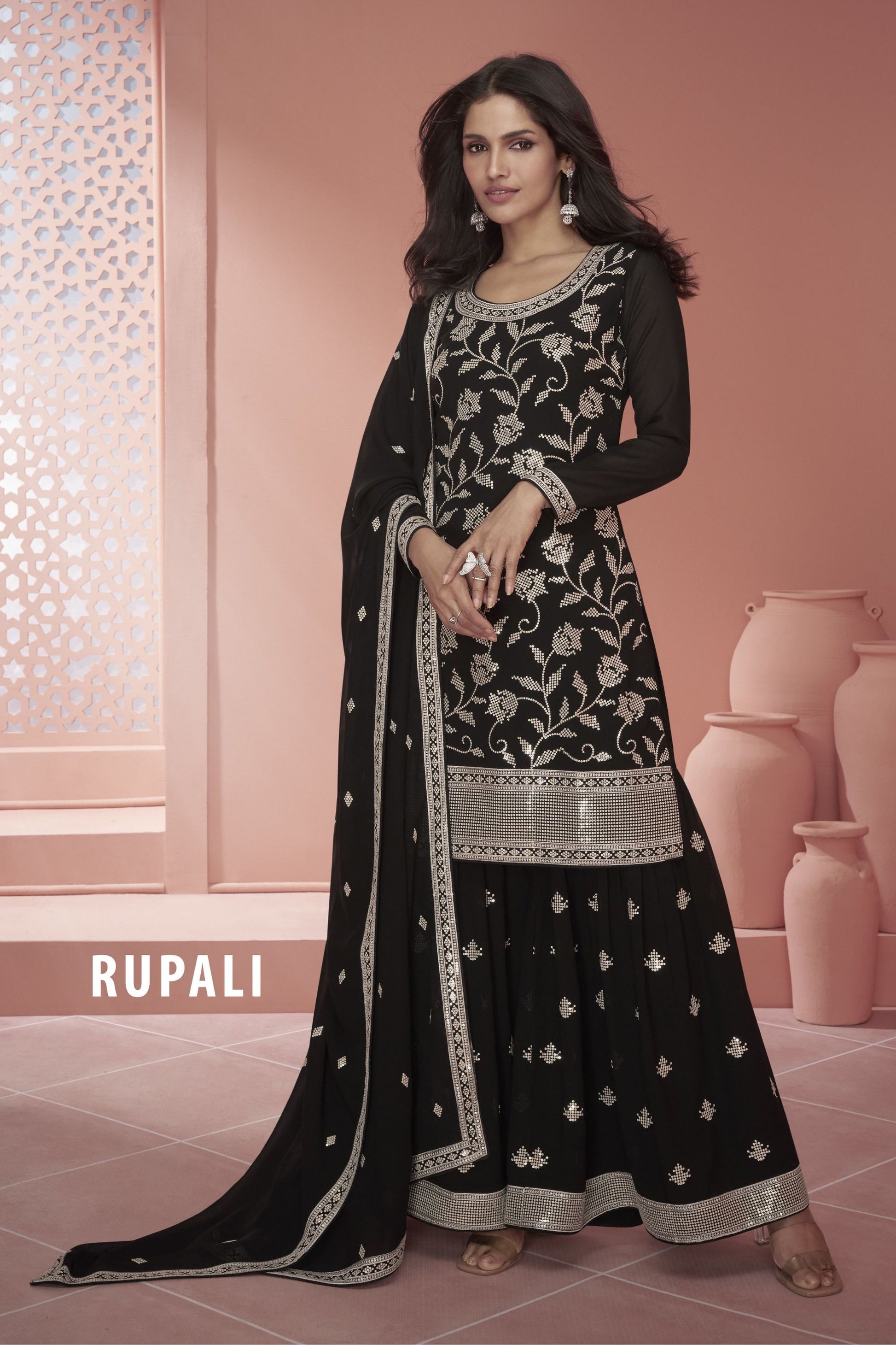 Black Georgette Plazo Suit For Indian Festivals & Weddings - Thread Embroidery Work