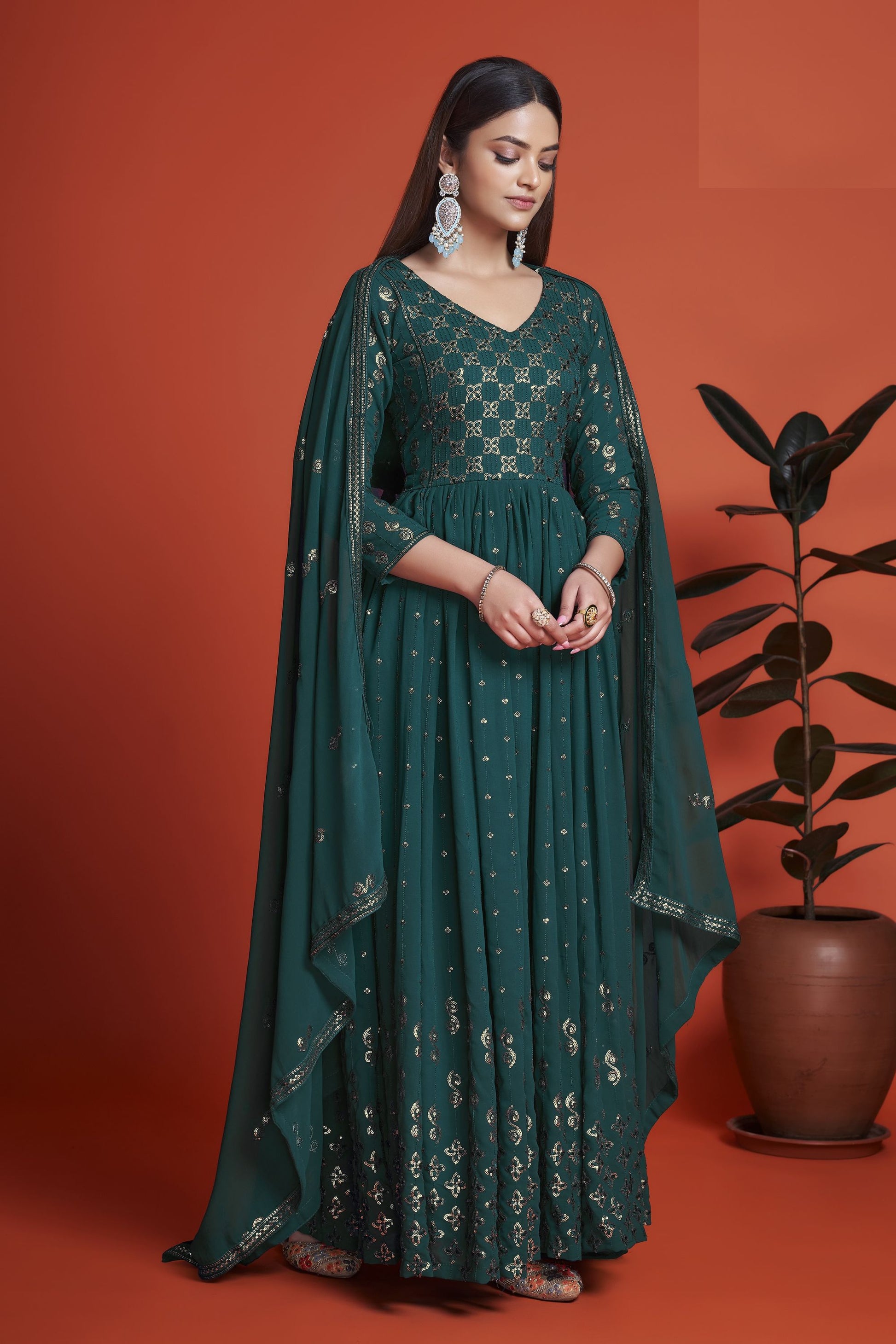 Teal Pakistani Georgette Anarkali Gown For Indian Festivals & Weddings - Sequence Embroidery Work, Thread Embroidery Work,