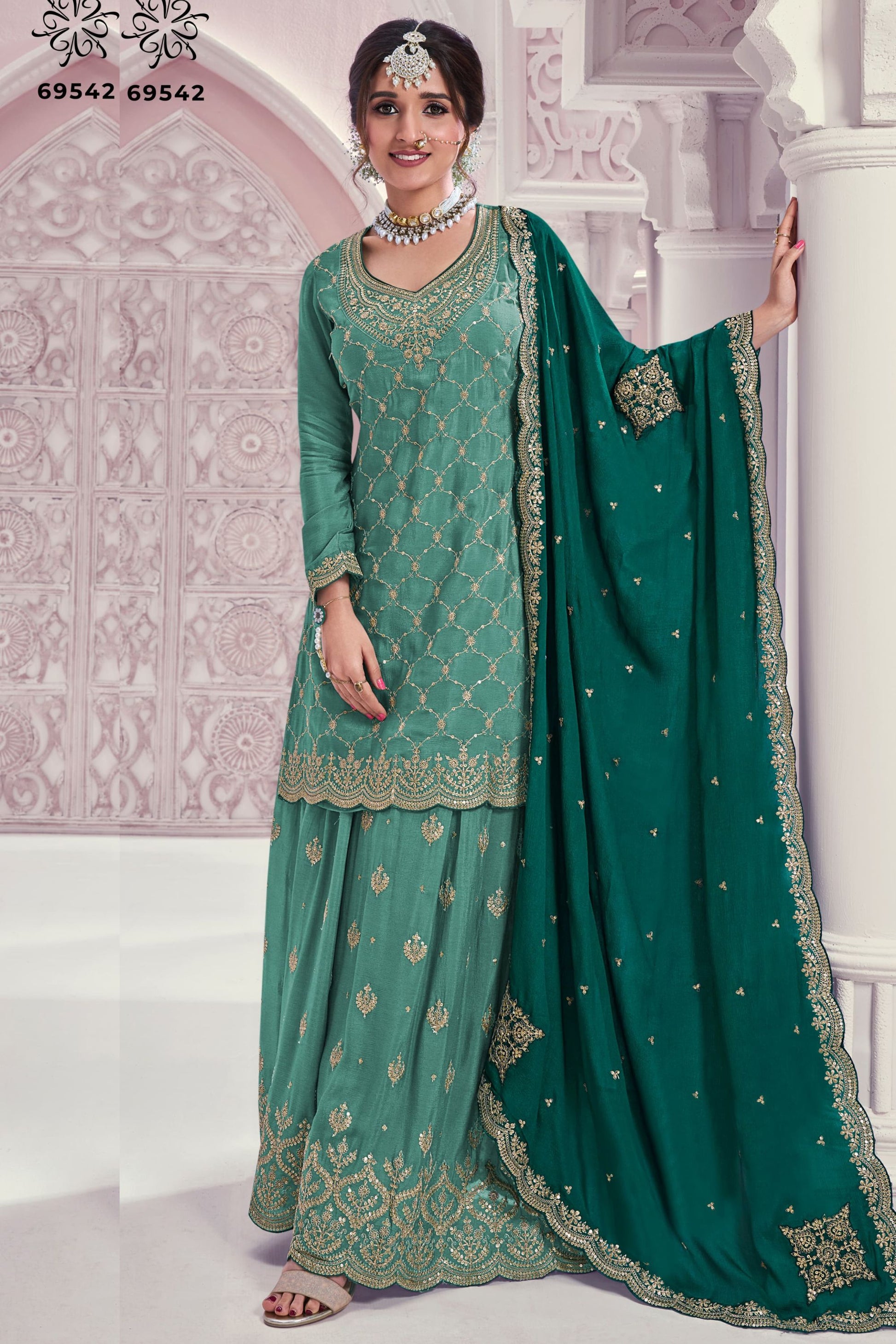 Teal Chinon Silk Palazzo Suit For Indian Festivals & Pakistani Plazo Weddings Dress - Embroidery Work