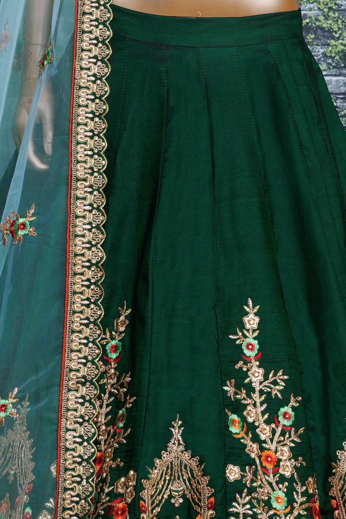 Dark Green Ghagra Choli for Ladies in Taffeta Satin Silk with Dori, Zari Work & Sequin