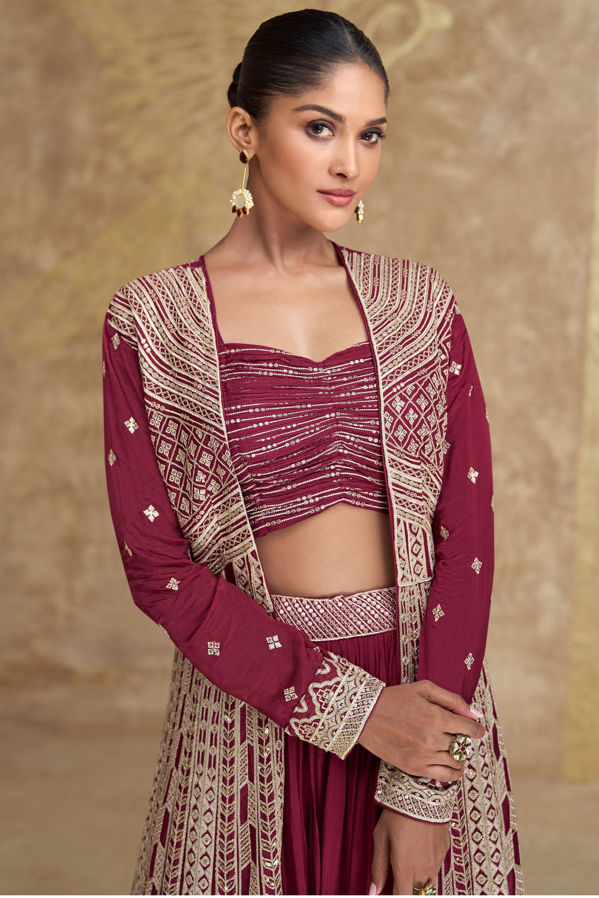 Maroon Chinon Silk Lengha For Indian Festivals & Pakistani Weddings Dress - Embroidery Work