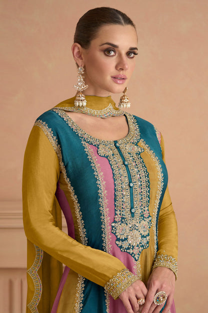 Multicolor Chinon Silk Plazo Suits For Pakistani Festivals & Indian Weddings - Embroidery Work