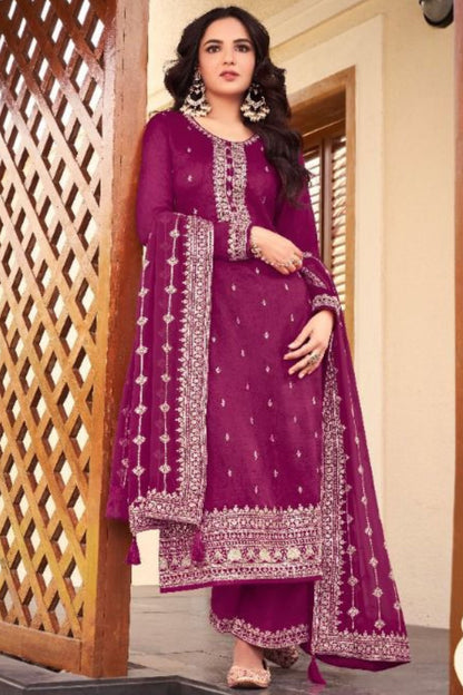 Dark Pink Dola Silk Kameez With Plazzo For Indian Suit Festivals & Pakistani Weddings Dress - Embroidery Work