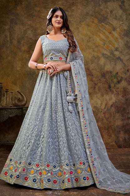 Pastel Blue Net Lehenga Choli For Indian Festivals & Weddings - Thread Embroidery Work, Sequence Embroidery Work