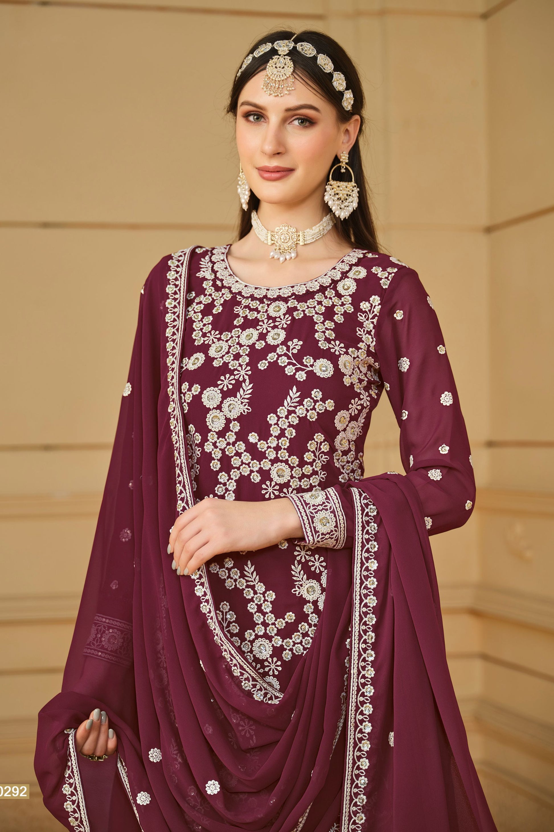 Maroon Georgette Sharara Suit For Indian Festivals & Pakistani Weddings - Thread Embroidery Work, Sequence Embroidery Work