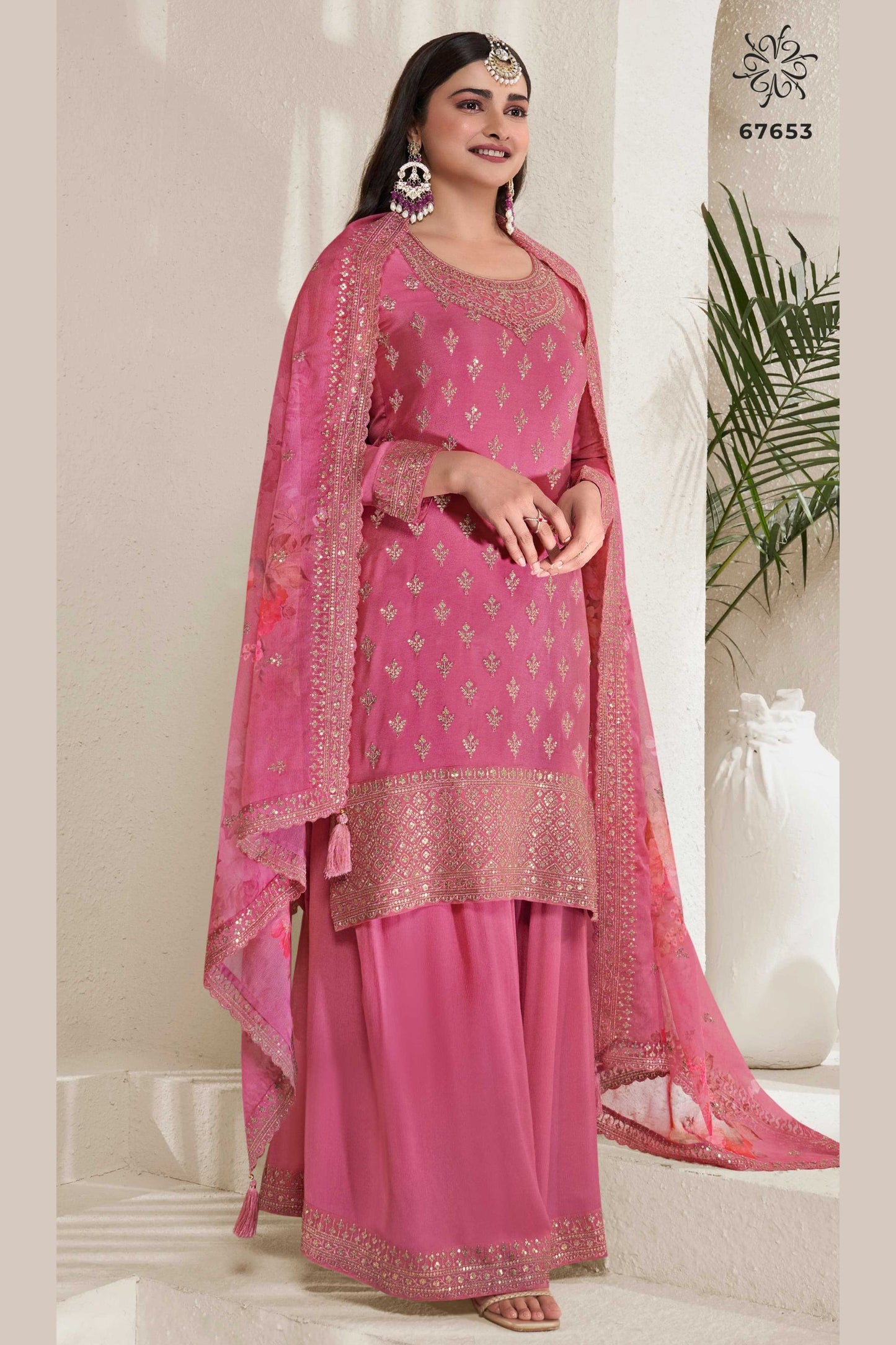 Magenta Chinon Silk Palazzo Suit For Indian Festivals & Pakistani Plazo Weddings Dress - Embroidery Work, Print Work