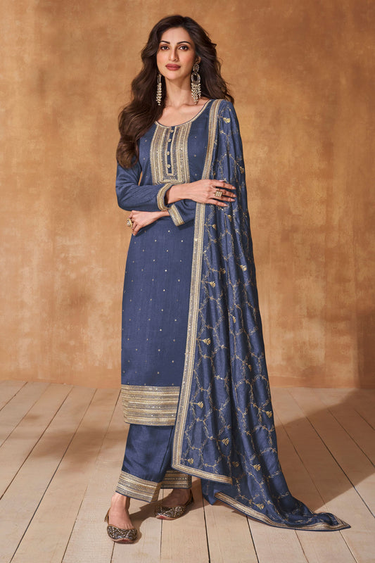 Gray Silk Salwar Kameez with Pant For Indian Festivals & Weddings - Thread Embroidery Work