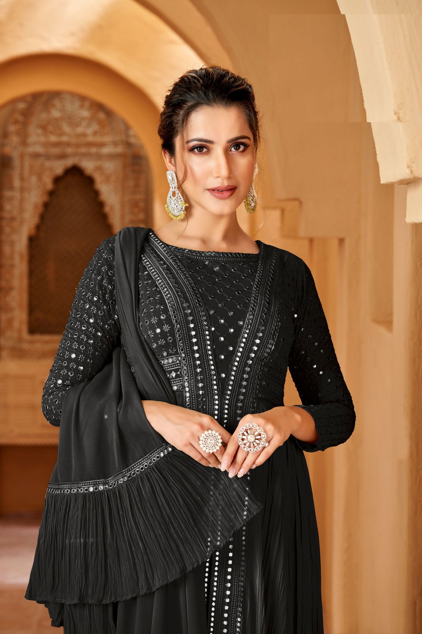 Black Crushed Georgette Full Floor Length Anarkali Gown For Indian Festivals & Weddings - Thread Embroidery Work, Mirror Work