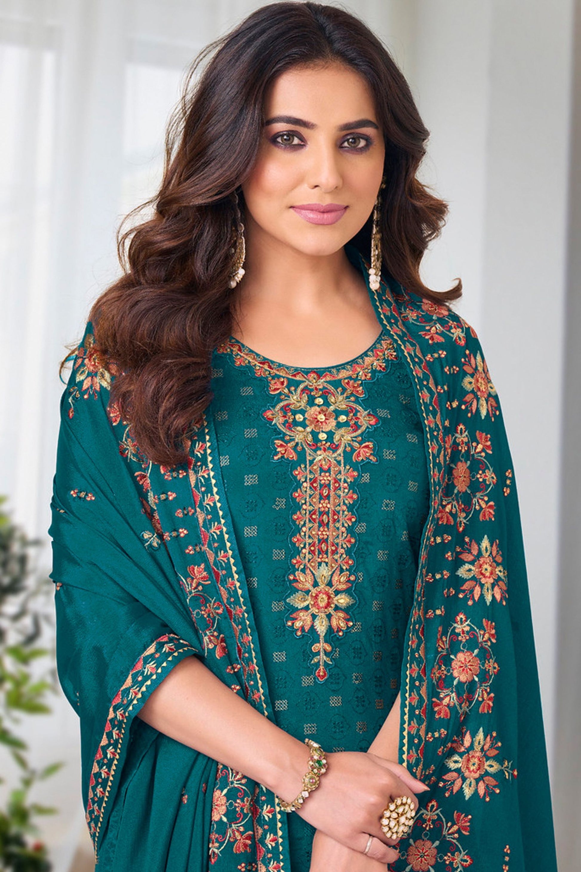 Teal Chinon & Georgette Silk Kameez with Pant For Indian Suit Festivals & Pakistani Weddings - Embroidery Work