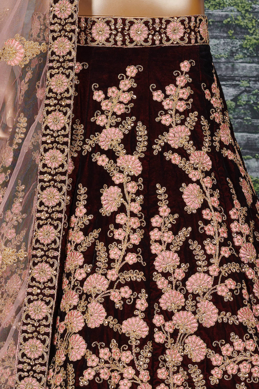 Maroon Velvet Lehenga Choli For Indian & Pakistani Wedding Festival - Sequins & Thread Embroidery Work, Dori Work