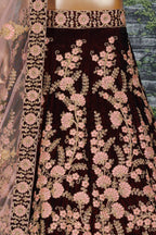 Maroon Velvet Lehenga Choli For Indian & Pakistani Wedding Festival - Sequins & Thread Embroidery Work, Dori Work
