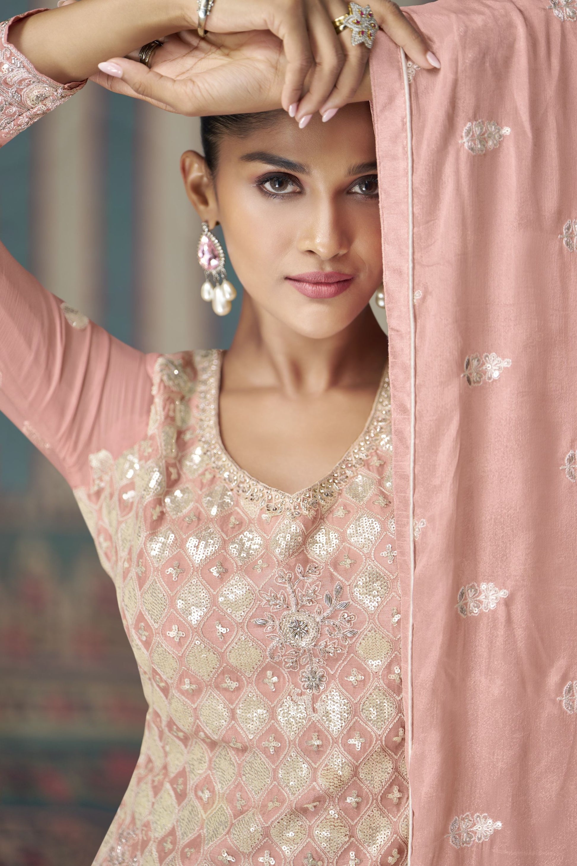 Baby Pink Chinon Silk Plazo Suits for Indian Festival & Pakistani Wedding - Embroidery Work