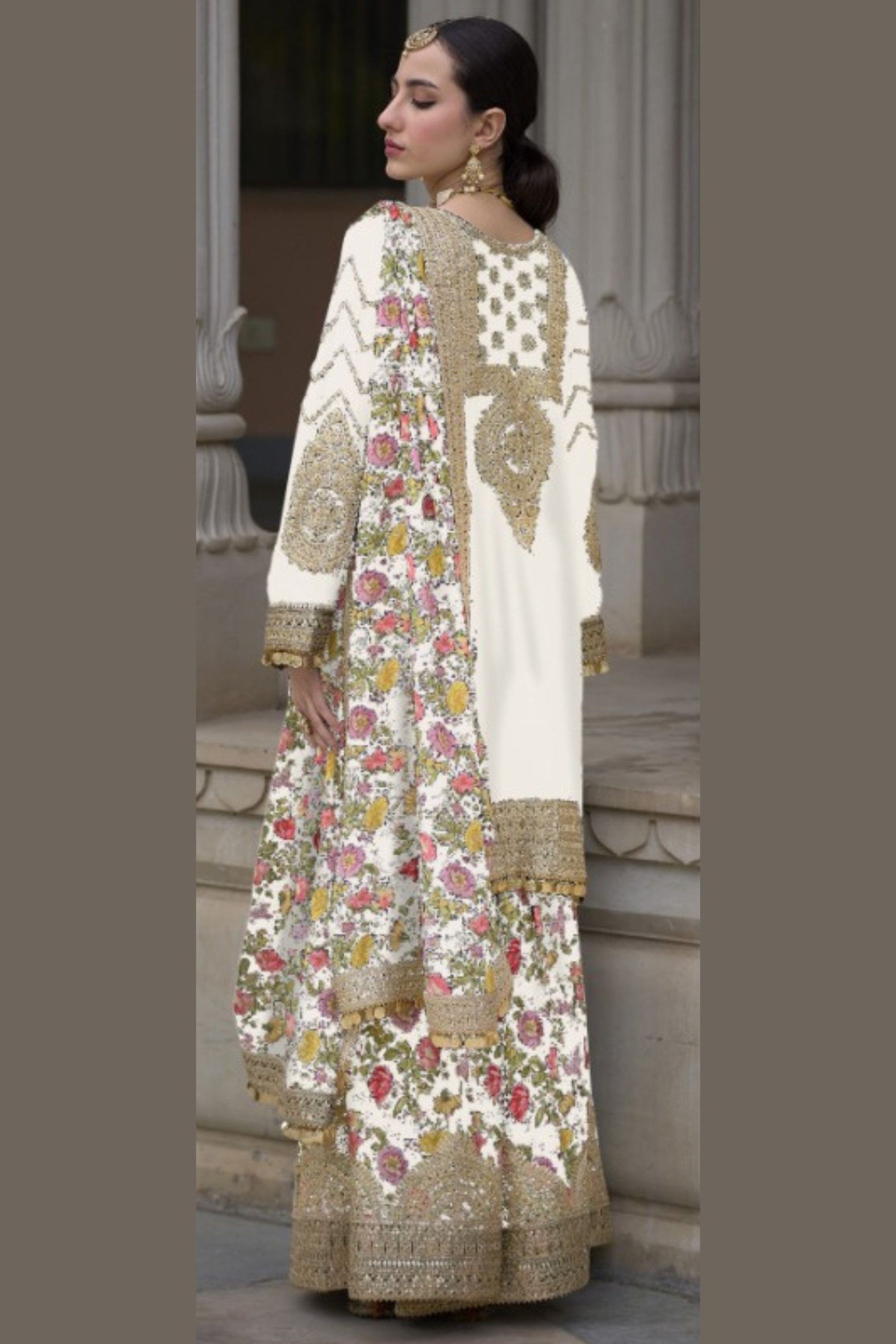 White Chinon Silk Kameez with Plazzo And Dupatta For Indian Suit Festivals & Pakistani Weddings - Embroidery Work