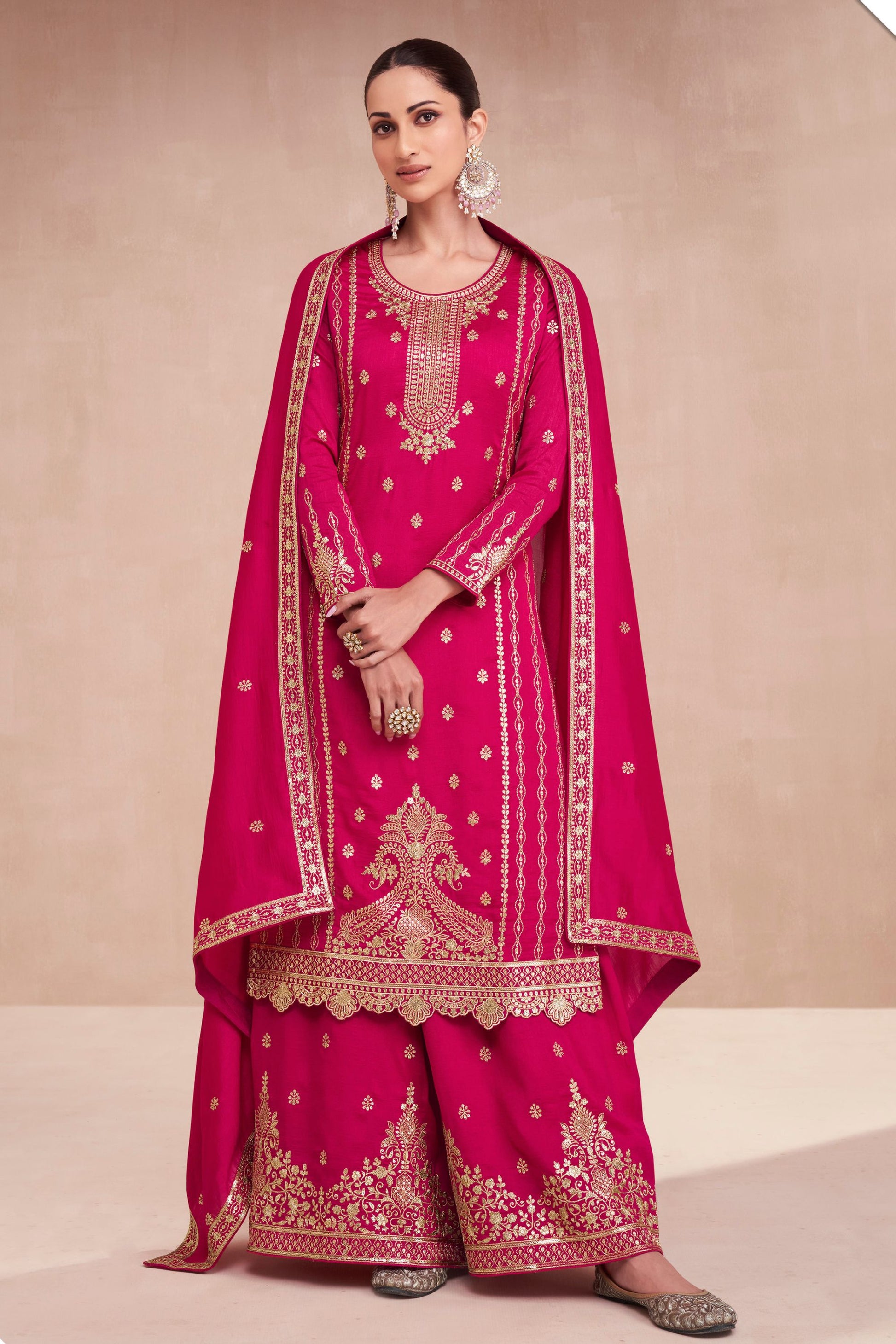 Red Silk Plazo Kameez Suit For Indian Wedding & Pakitani Festival - Embroidery Work