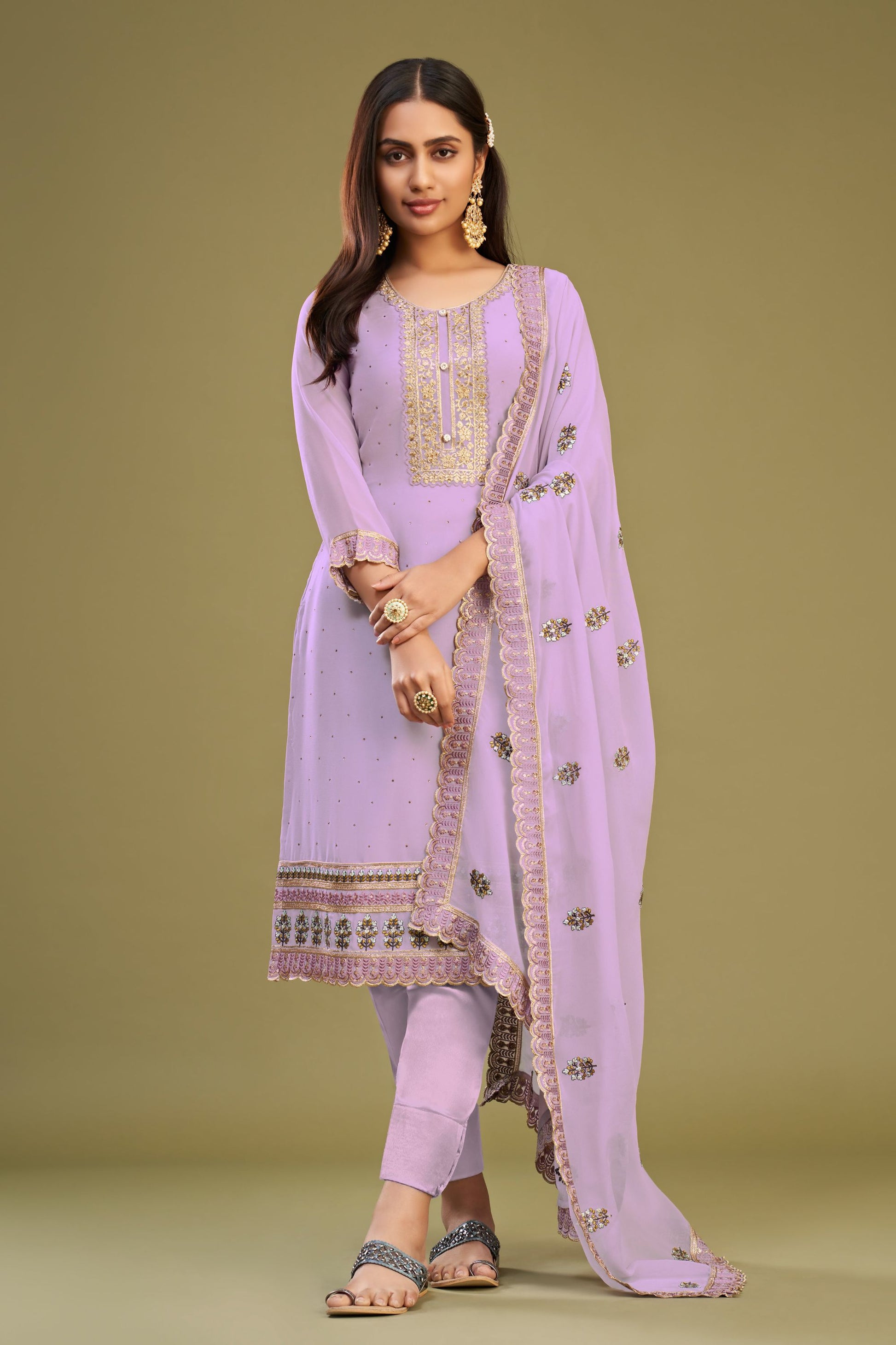 Lavender Georgette Plus Size Upto 7XL Size Salwar Kameez For Indian Festivals & Pakistani Weddings - Thread Embroidery Work, Swarovski Work