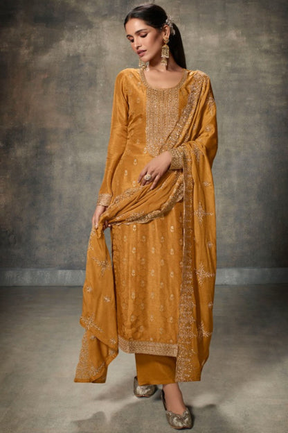 Dark Yellow Viscose Kameez with Pant For Indian Suit Festivals & Pakistani Weddings - Embroidery Work