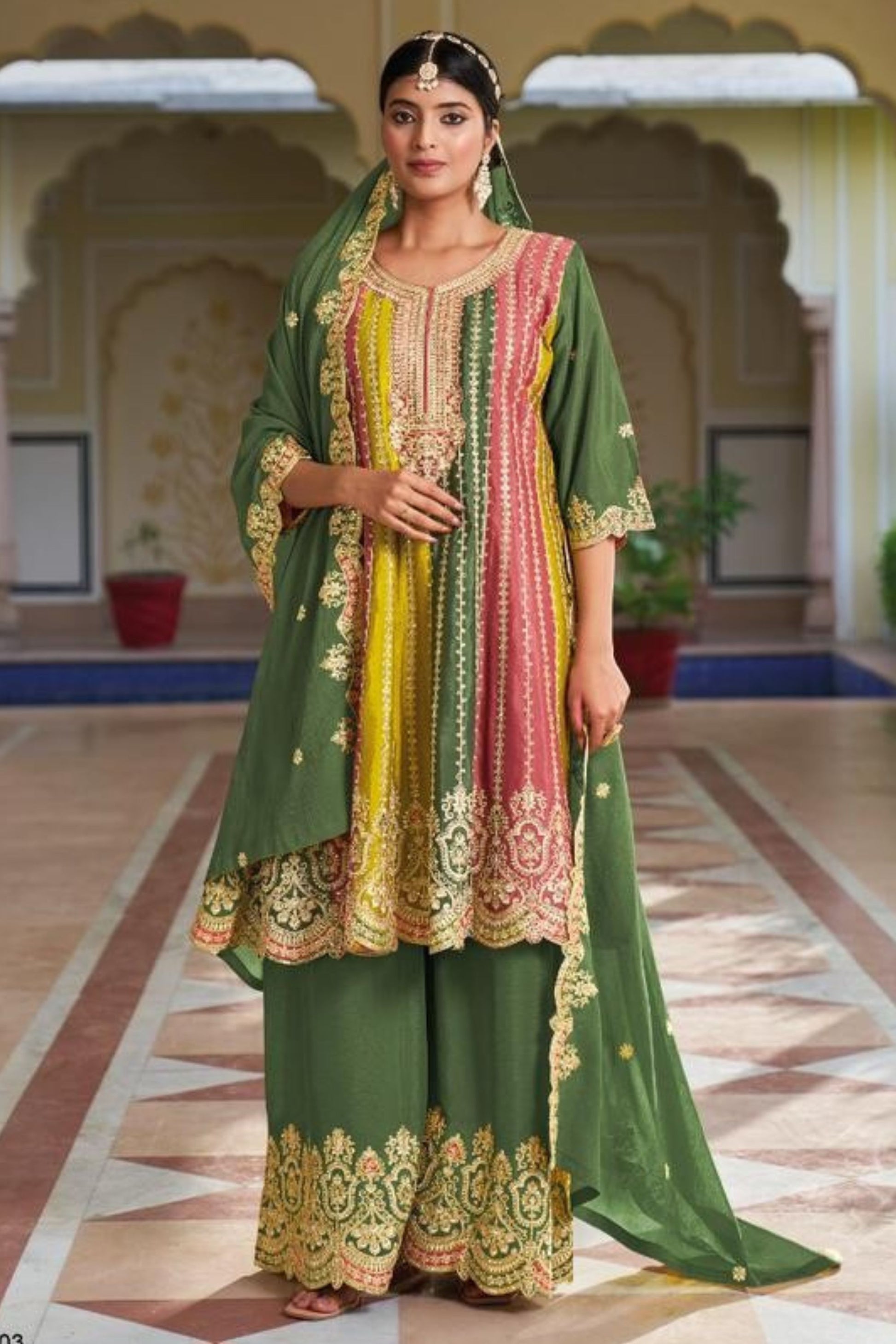 Multicolor Chinon Silk Salwar Suit Kameez For Indian Festivals & Weddings - Embroidery Work