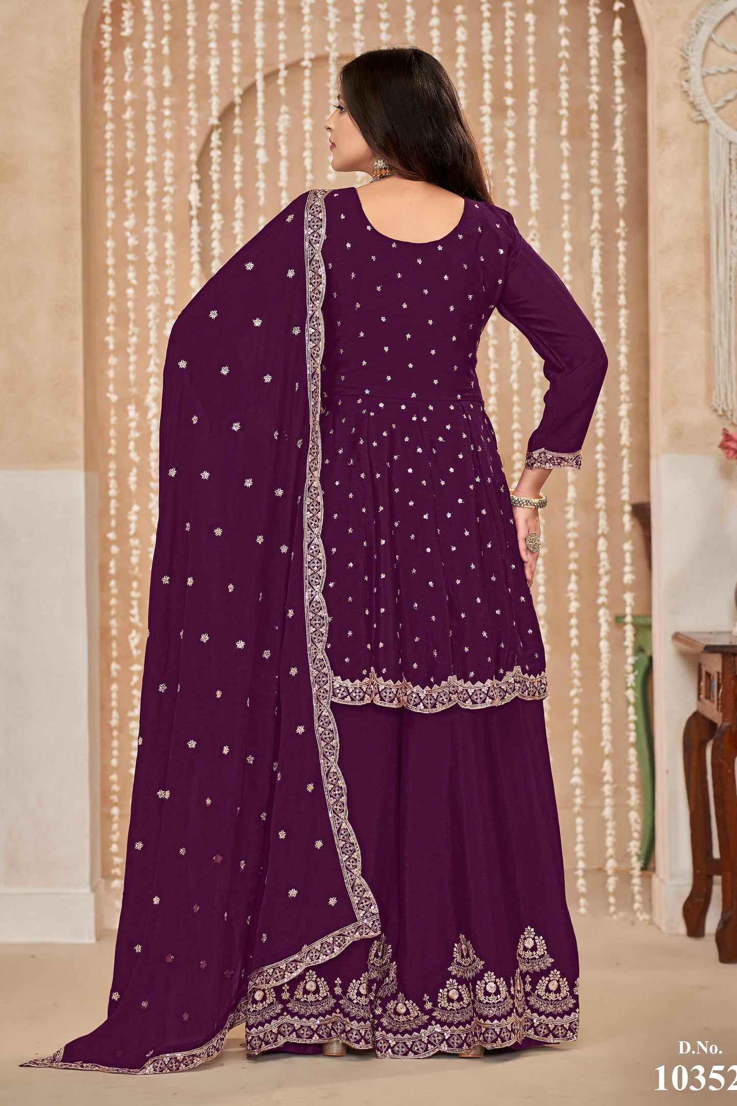 Purple Chinon Silk Palazzo Suit For Indian Festivals & Weddings - Embroidery Work