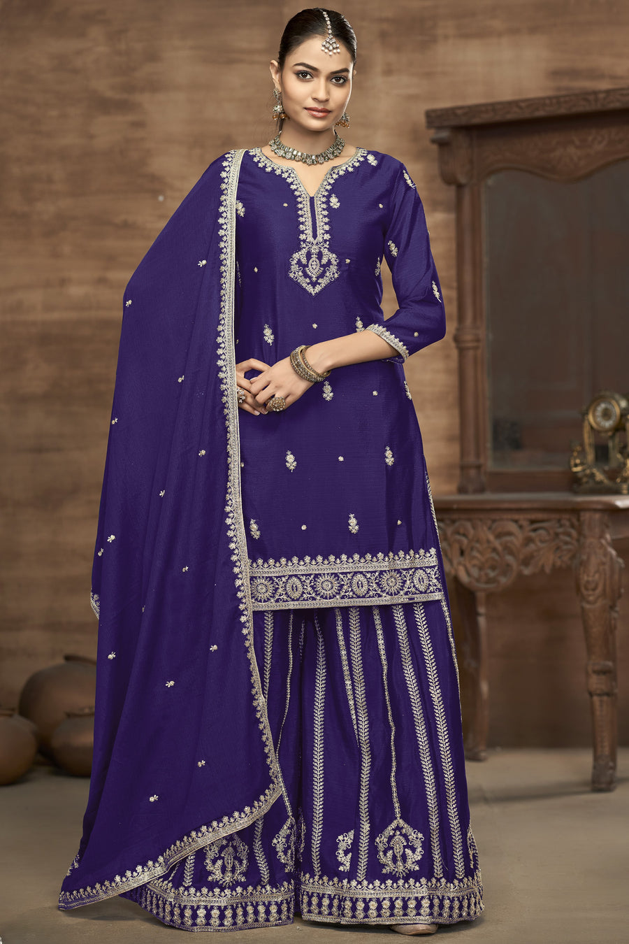 Royal Blue Chinon Silk Palazzo Suit For Indian Wedding & Pakistani Festival - Embroidery Work