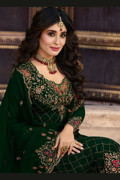 Dark Green Georgette Kameez with Pant For Indian Suit Festivals & Pakistani Weddings - Embroidery Work, Stone Work