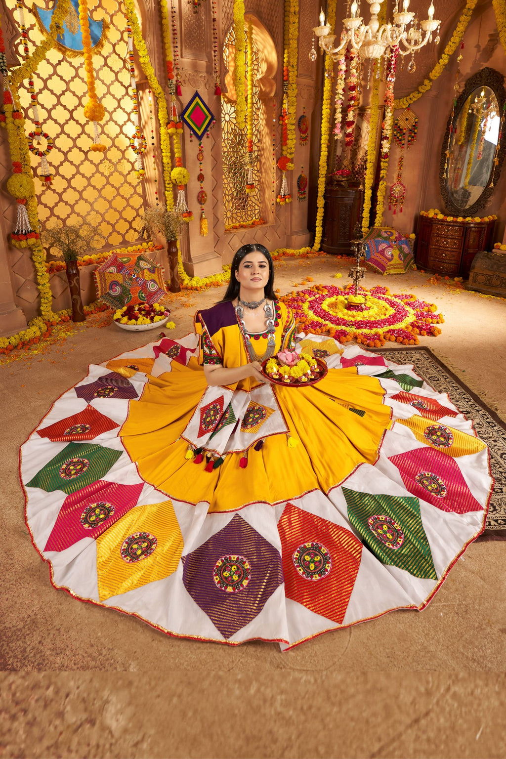 Mustard Yellow Viscose Cotton Navratri Chaniya Choli For Indian Garba Festival 8 Meter Flair - Thread Embroidery Work, Jacquard Patch Work, Real Mirror Work