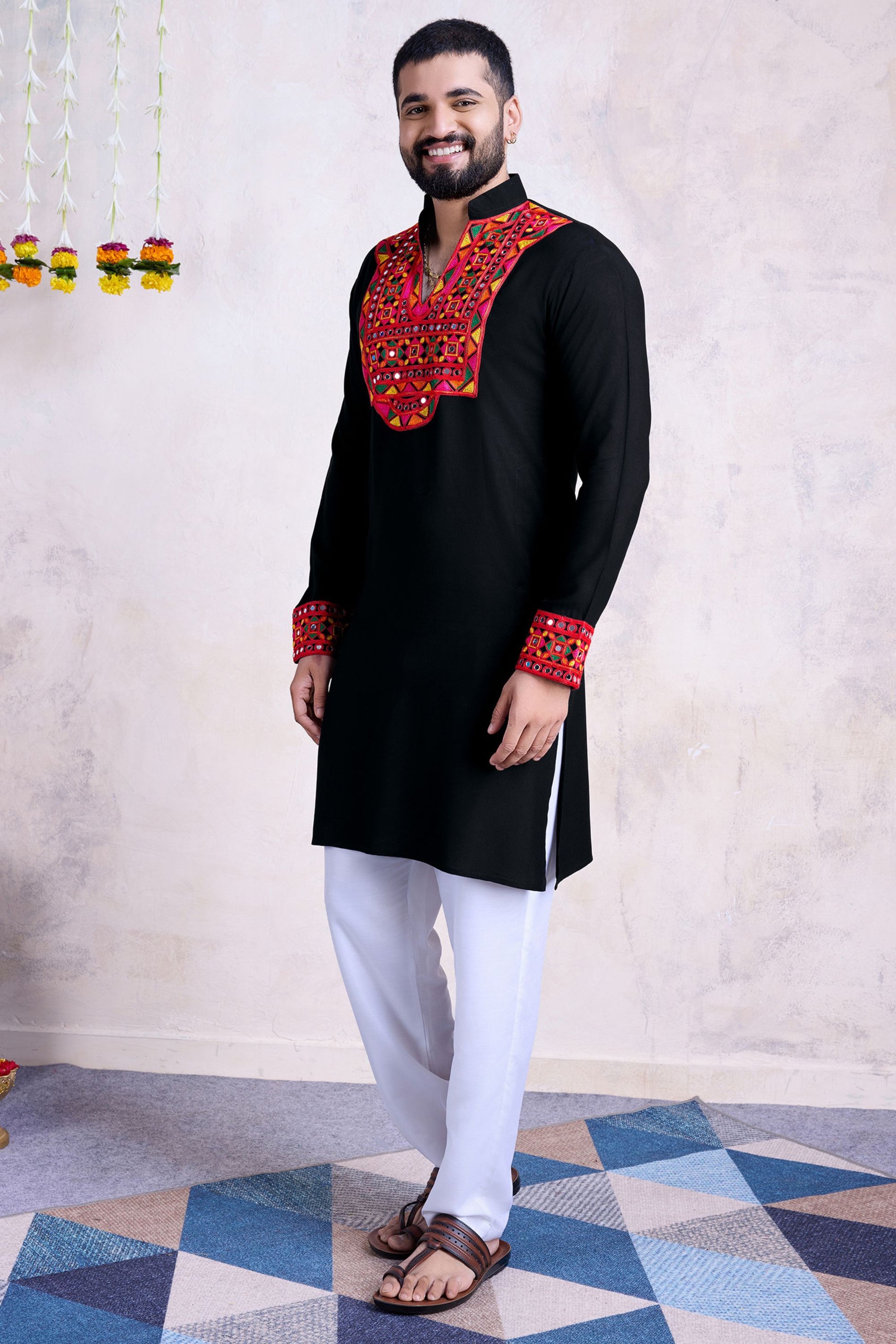 Black Rayon Kurta Pyjama for Men For Navratri Garba Festivals - Embroidery Work, Real Mirror Work