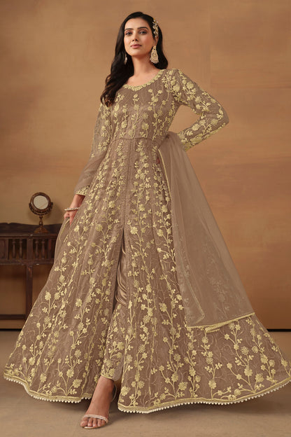 Light Brown Net Full Length Anarkali Dress with Front Slit For Indian Festivals & Weddings - Thread & Sequence Embroidery Work