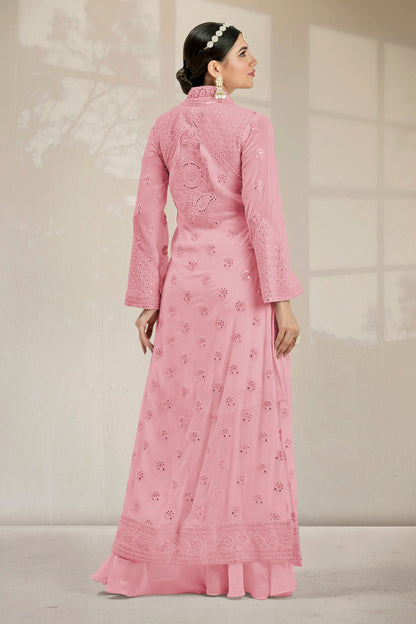 Pink Georgette Palazzo Suit With Koti Jacket For Indian Festivals & Weddings - Resham Embroidery Work, Mirror Work