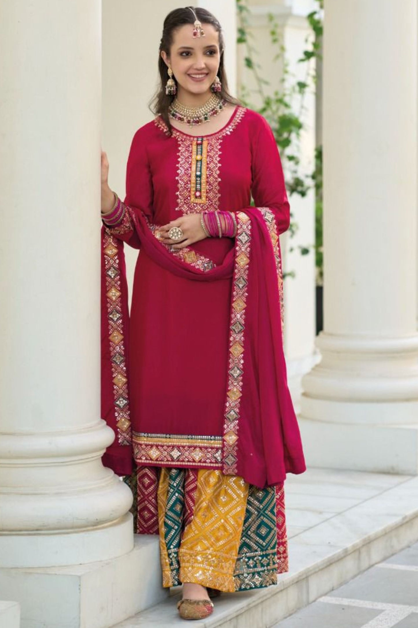 Maroon Chinon Silk Kameez with Plazzo For Indian Suit Festivals & Pakistani Weddings - Embroidery Work