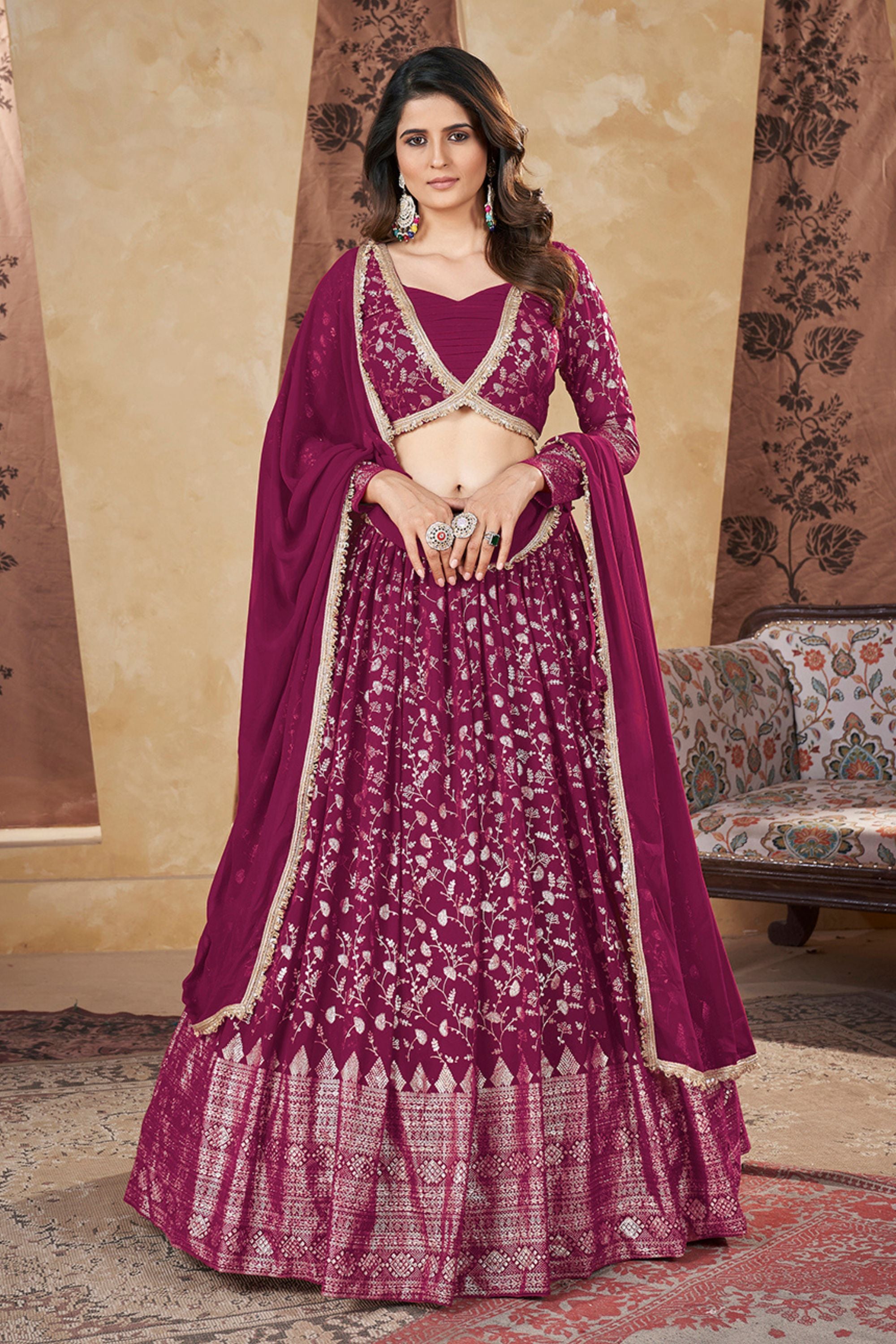 Pink Georgette Lehenga Choli For Indian Festivals & Weddings - Thread Embroidery Work, Foil Mirror Work