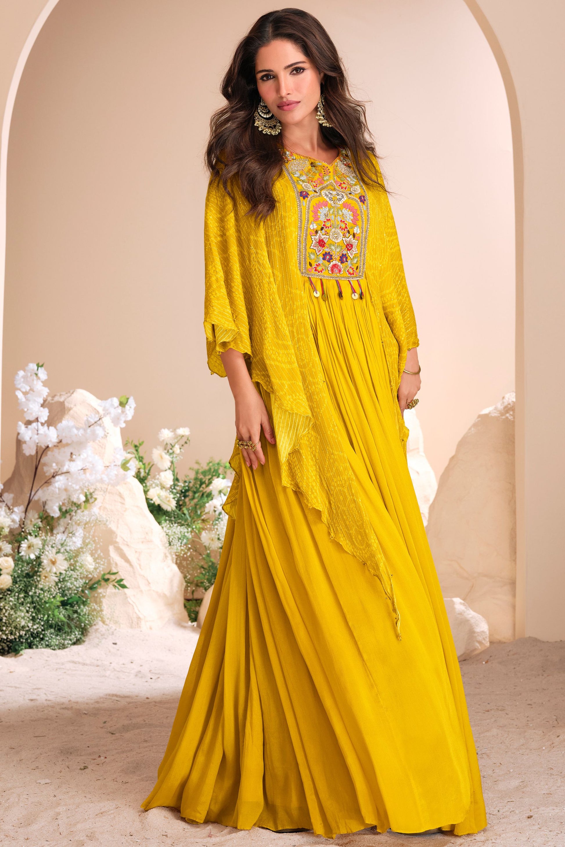 Yellow Chinon Silk Anarkali Gown For Indian Festivals & Pakistani Weddings Dress - Embroidery Work, Print Work