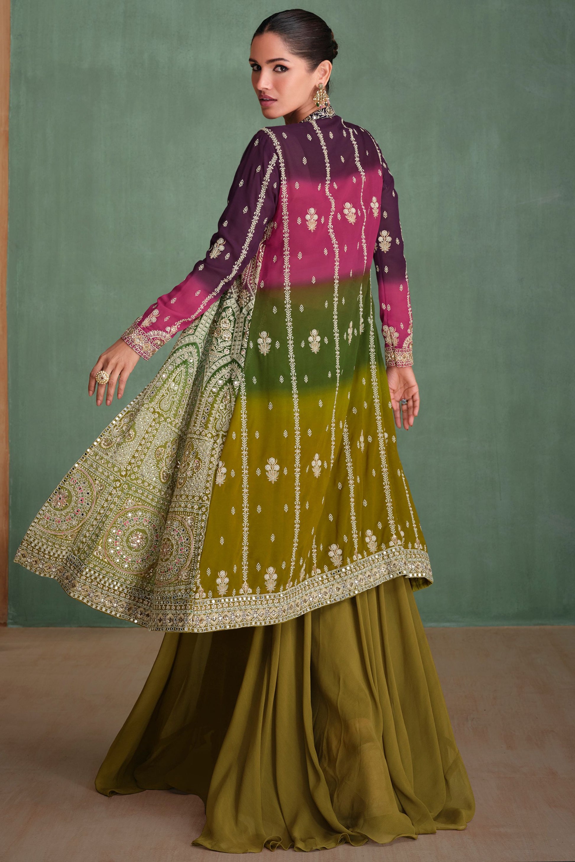 Olive Georgette Lengha For Indian Festivals & Pakistani Weddings Dress - Embroidery Work, Mirror Work