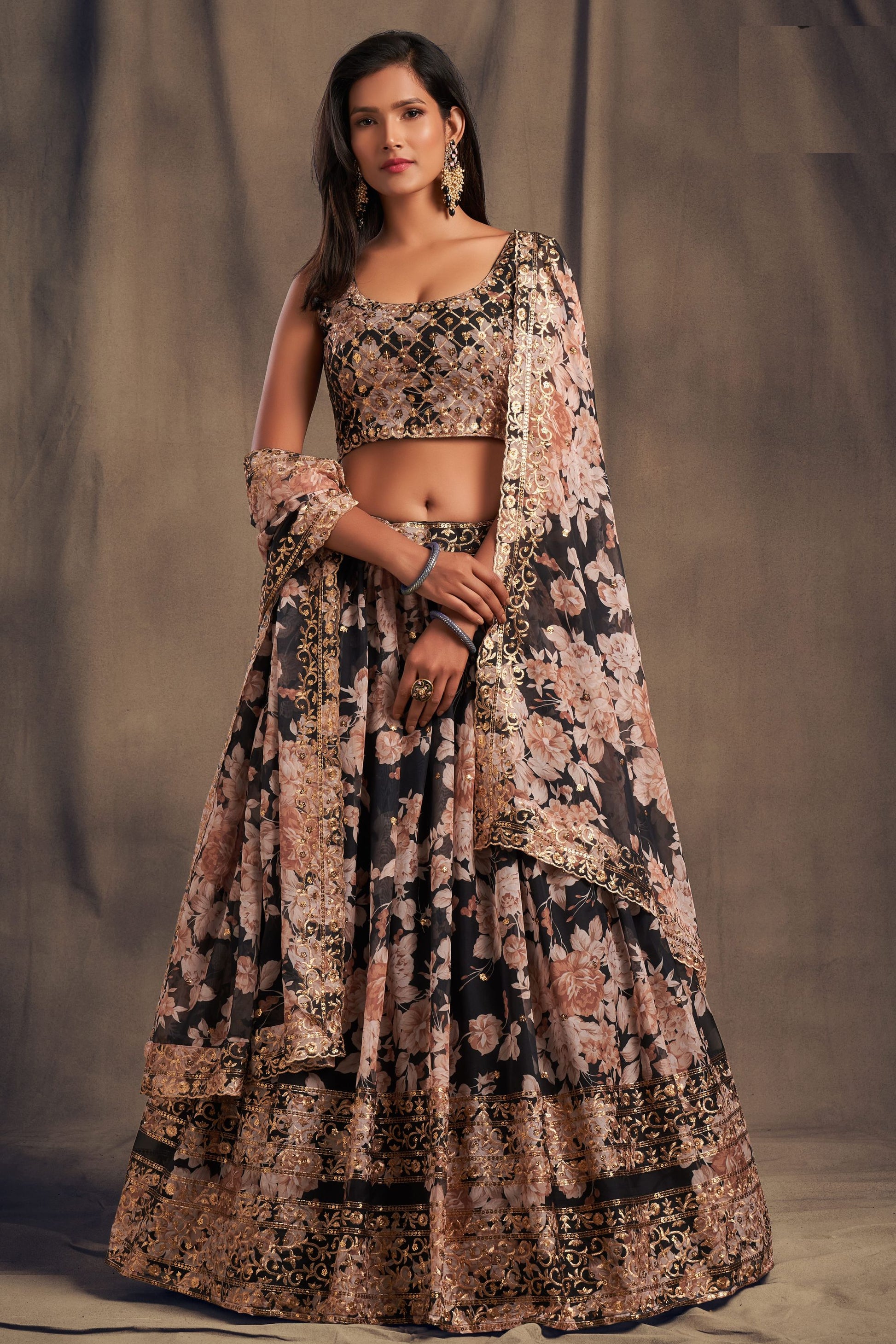 Black Organza Lehenga Choli For Indian Festival & Weddings - Embroidery Work, Print Work