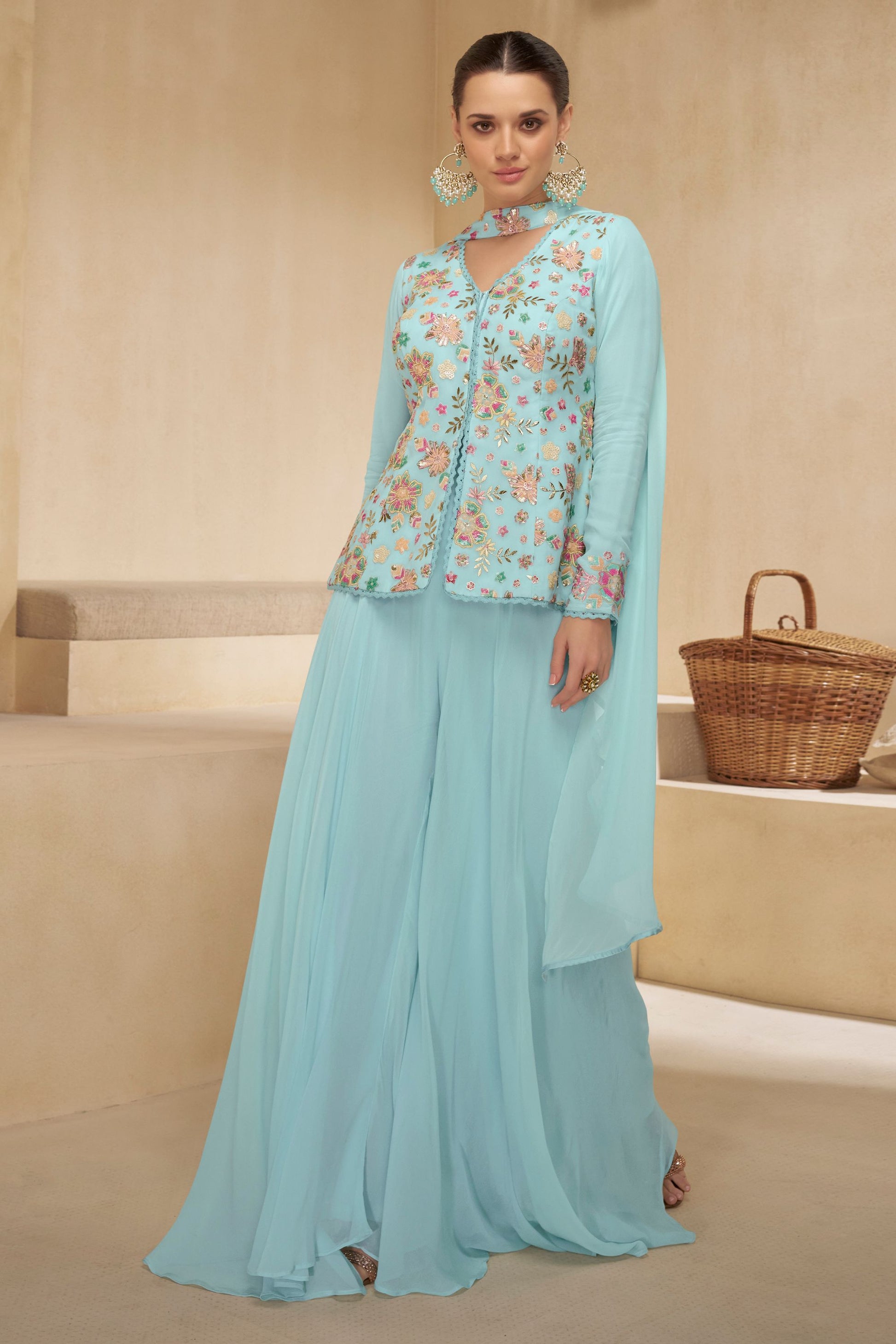 Sky Blue Georgette Palazzo Suit For Indian Festivals & Pakistani Weddings - Embroidery Work