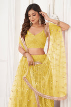 Yellow Net Embroidered Lehenga Choli For Indian Festival & Weddings - Embroidery Work