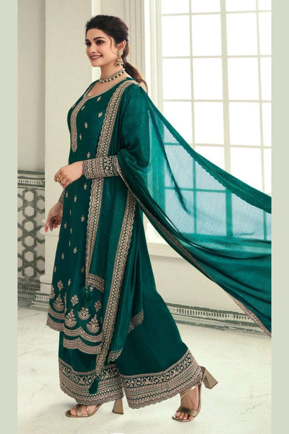 Green Georgette Silk Salwar Kameez Suit For Indian Festivals & Pakistani Weddings Dress - Thread Embroidery Work