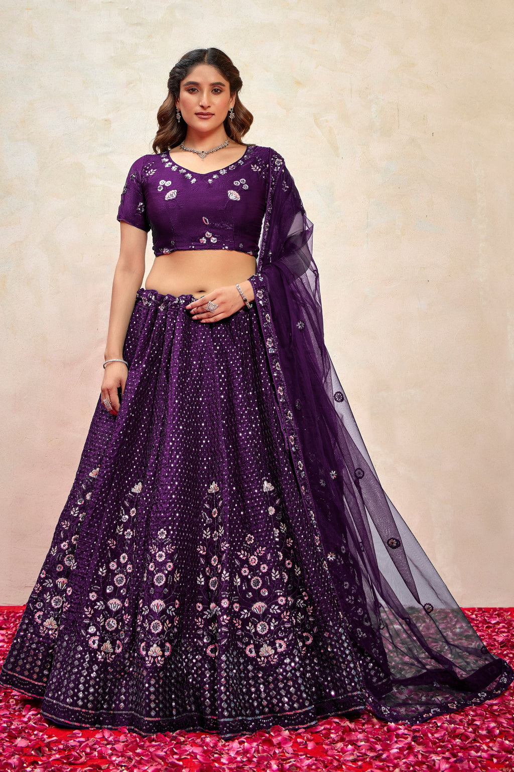 Dark Purple Silk Lehenga Choli For Indian Festivals & Pakistani Weddings Dress - Thread Embroidery Work, Sequence Embroidery Work