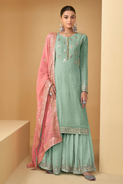 Sky Blue Pakistani Georgette Plazo Suits For Indian Festivals & Weddings - Embroidery Work