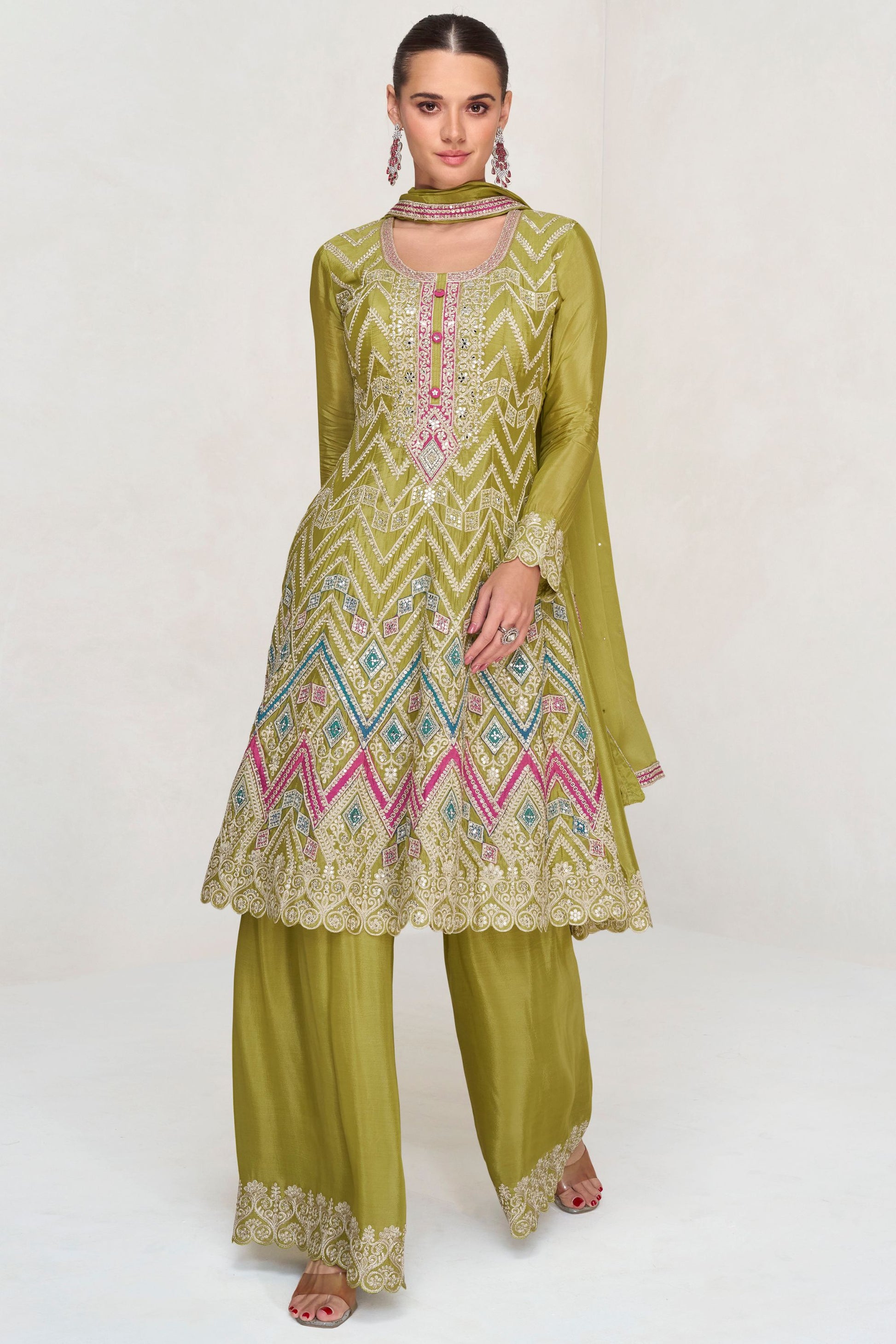 Mehndi Green Chinon Silk Plazo Suit For Wedding & Festival - Embroidery Work