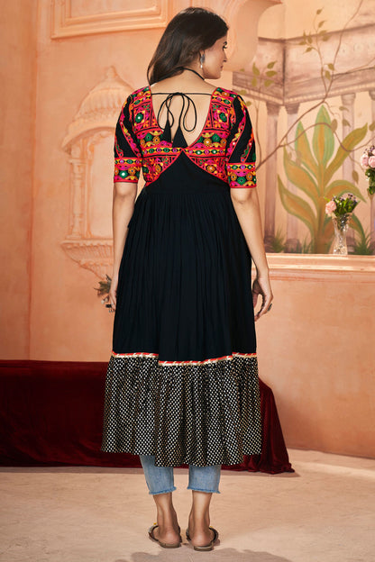 Black Rayon Kurti For Navratri Garba Festivals JEANS NOT INCLUDED - Embroidery Work, Print Work