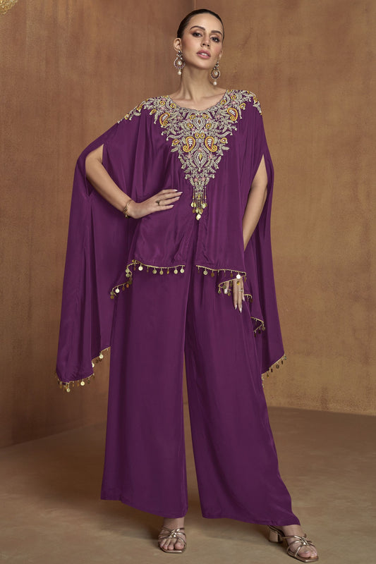 Purple Silk Kaftan Plazo Suit For Indian Weddings & Pakitani Festival - Embroidery Work