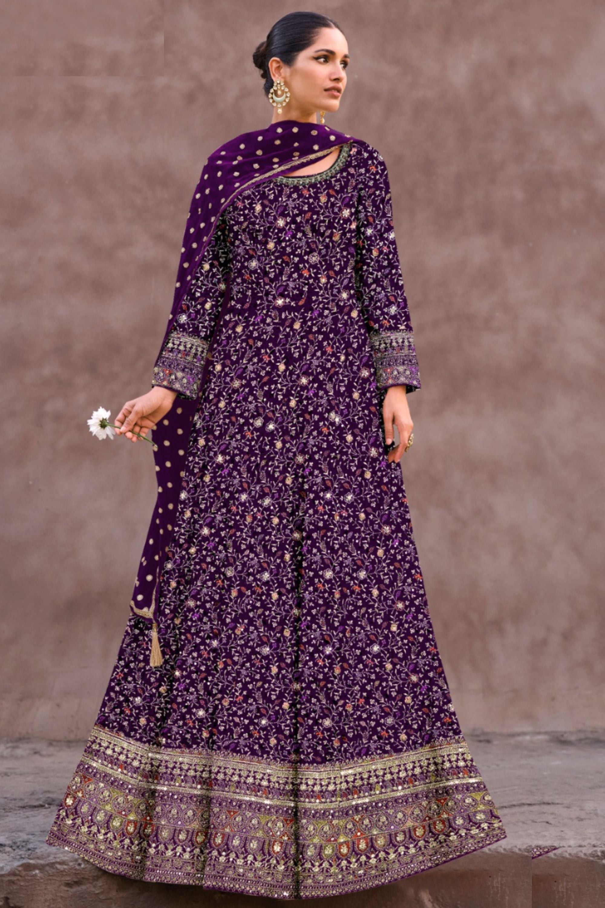 Purple Georgette Floor Length Long Anarkali Gown For Indian Festivals & Pakistani Weddings Dress - Embroidery Work