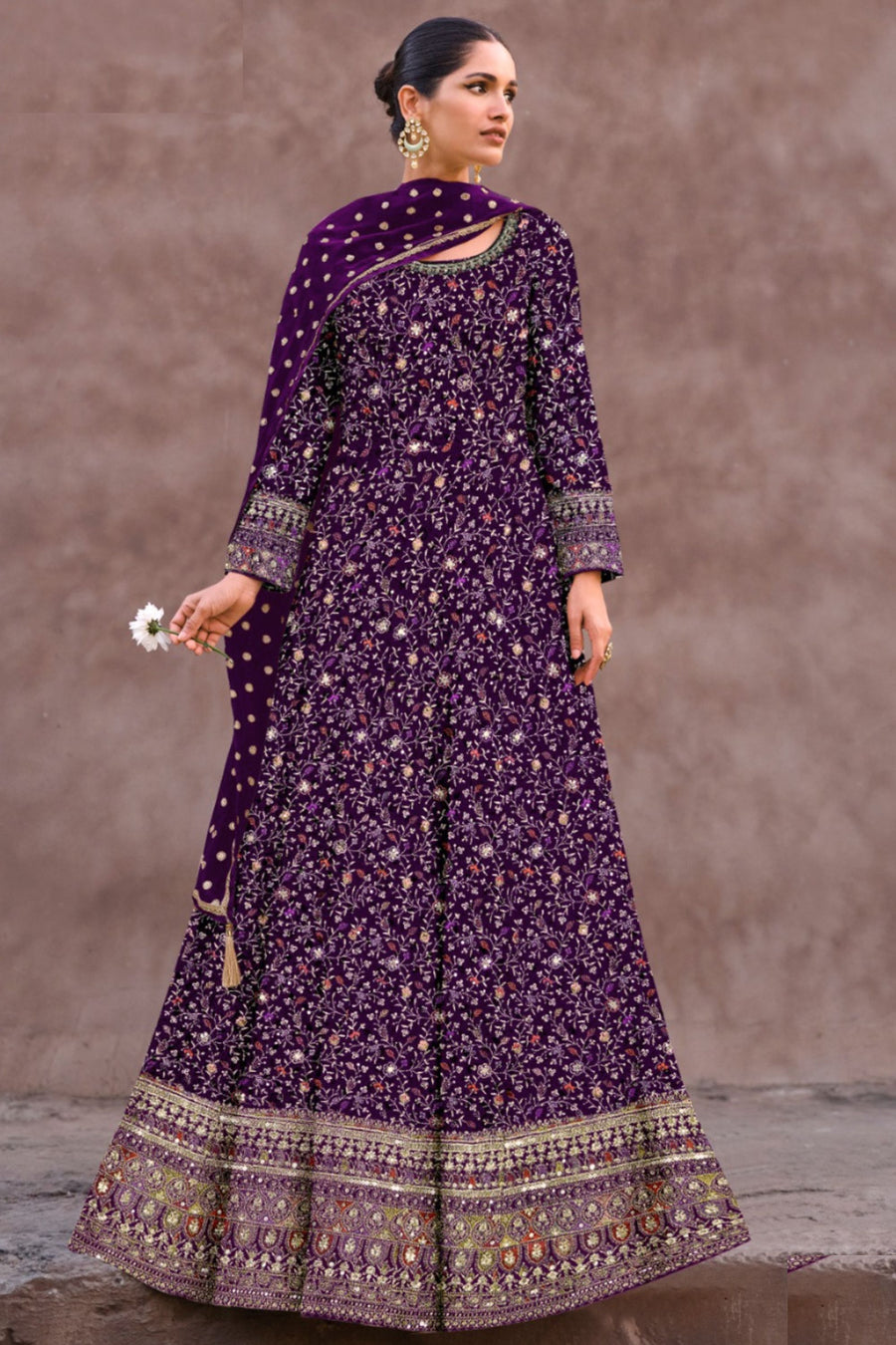 Purple Georgette Floor Length Long Anarkali Gown For Indian Festivals & Pakistani Weddings Dress - Embroidery Work