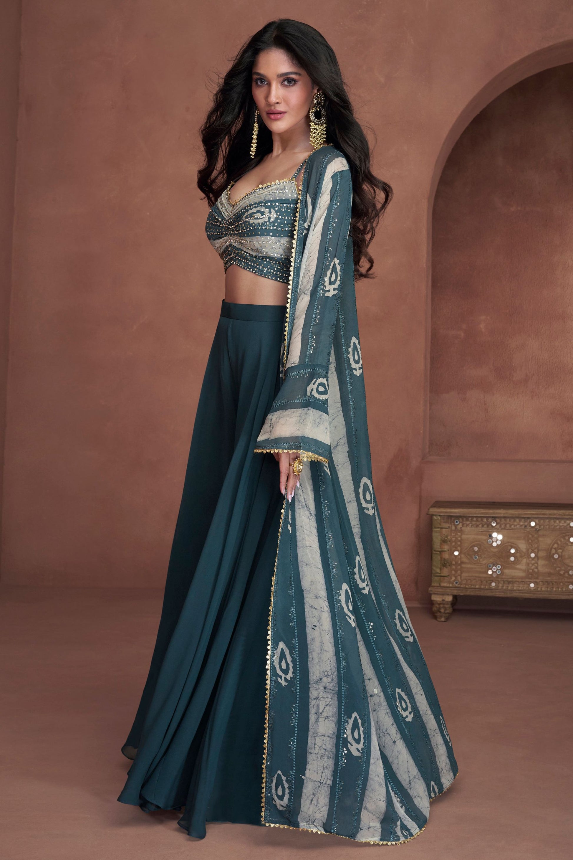 Teal Georgette Lehenga Choli with Koti For Pakistani Wedding & Indian Festival - Embroidery Work