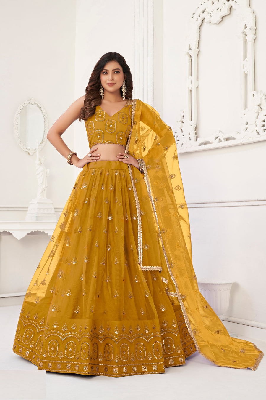 Yellow Net Lengha Choli For Indian Festivals & Pakistani Weddings Dress - Embroidery Work
