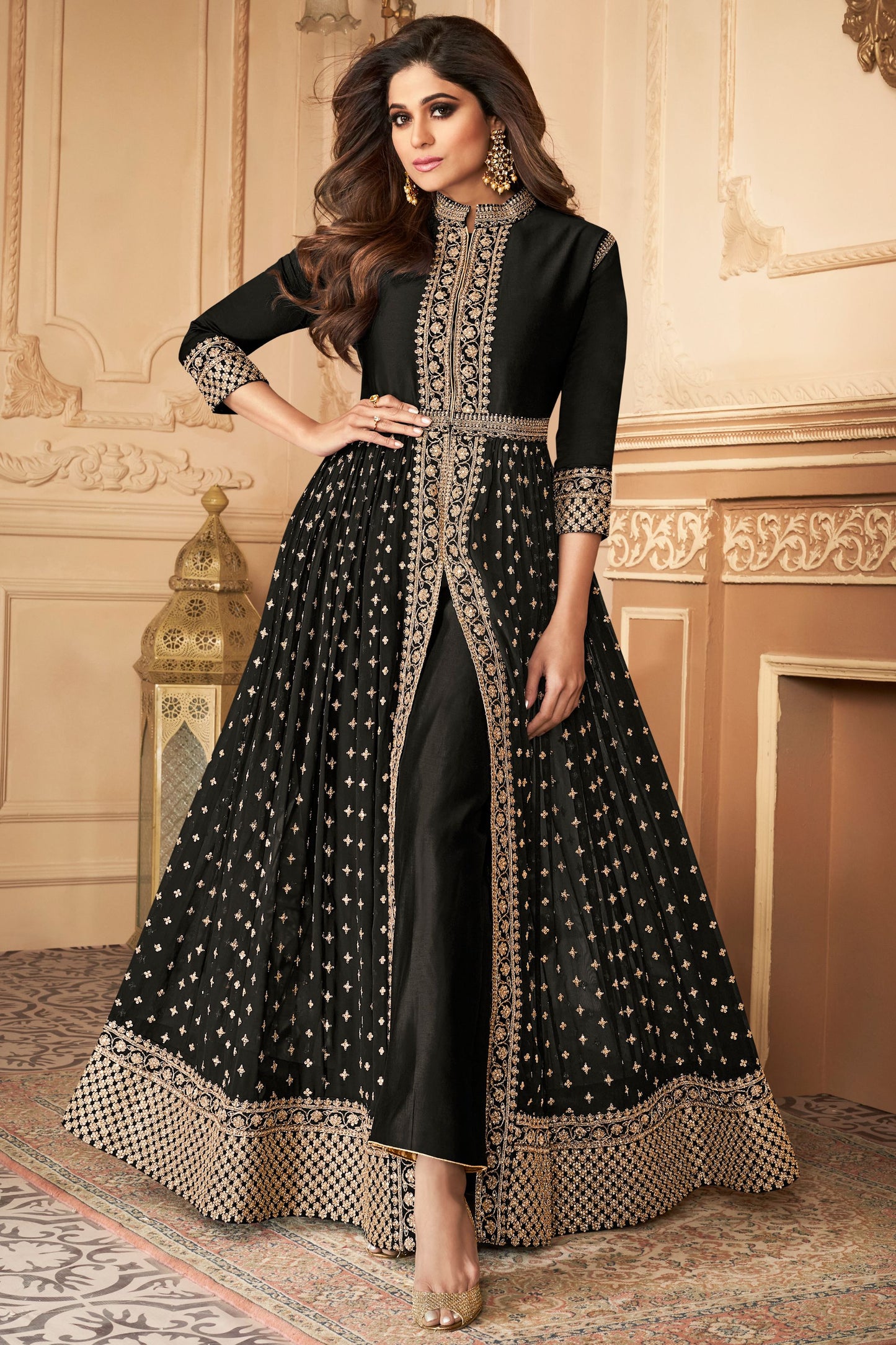 Black Georgette Anarkali Gown For Indian Festivals & Pakistani Weddings Dress - Sequence Embroidery Work, Stone work