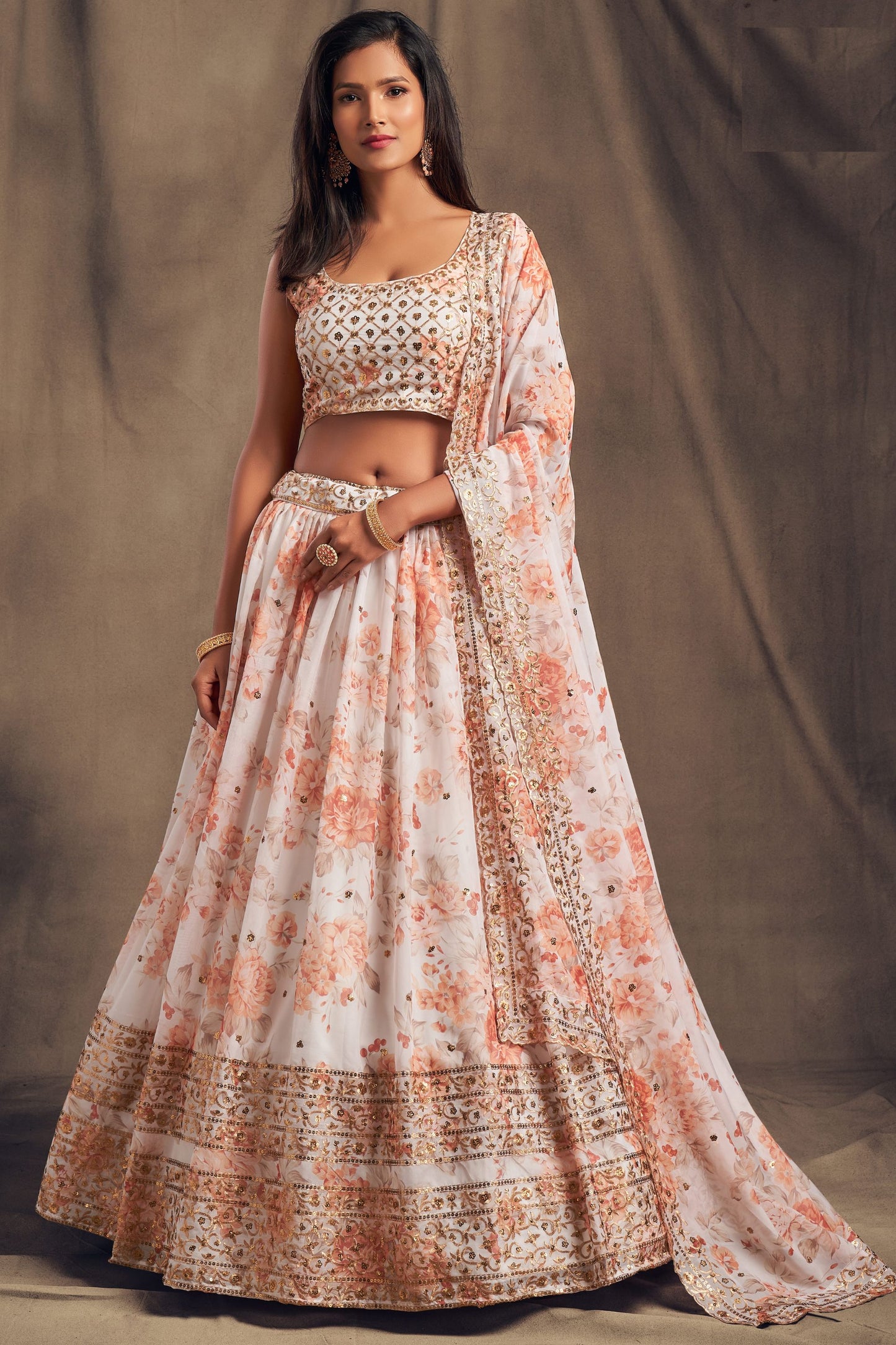 White Organza Lehenga Choli For Indian Festival & Weddings - Embroidery Work, Print Work