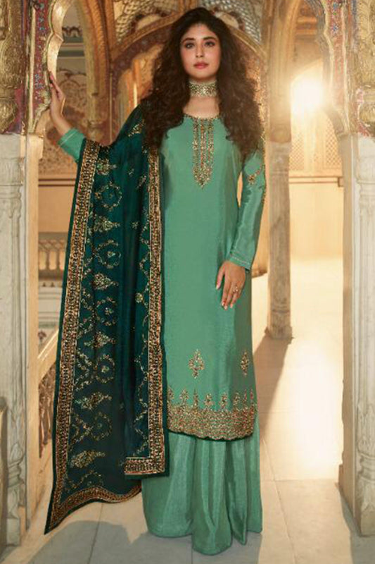 Dark Pista Satin Kameez with Plazzo Suit For Indian Festivals & Pakistani Weddings - Thread Embroidery Work, Sequence Embroidery Work